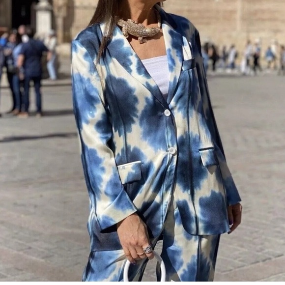 ZARA • Satin Effects Stylish Tie-Dye Blue & White Blazer Jacket - Picture 10 of 15